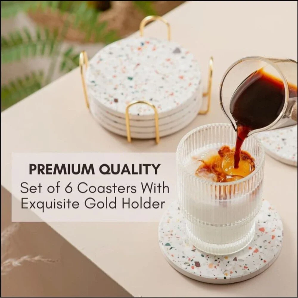 NIB Terrazzo Drink Absorbent Coasters with Holder Set of 6, Ceramic Coasters